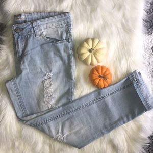 Light Blue-Washed Distressed Roll Cuff Crop Jeans